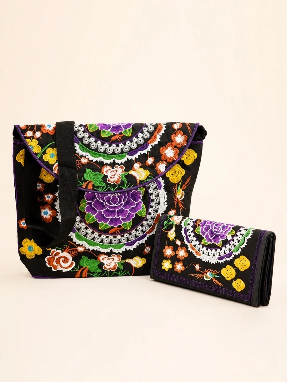 Floral Embroidery Boho Sling Bag & Wallet Set Colorful Polyester Crossbod Purse